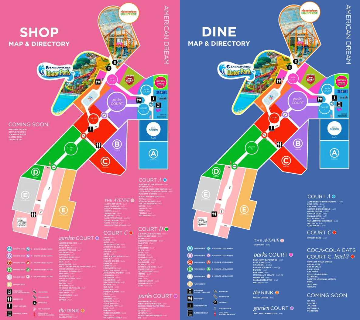 Map of American Dream's Attractions, Shopping, Food Courts, & Parking in NJ